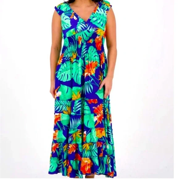 Advance Apparels Dresses | Silk Made in India Tropical Palm Print Smocked Boho Maxi Dress | Color: Blue/Green | Size: S/M | Annabanana2107'S Closet